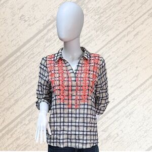 Skies Are Blue Button Down Shirt Women Small Western Style Button Roll Sleeve